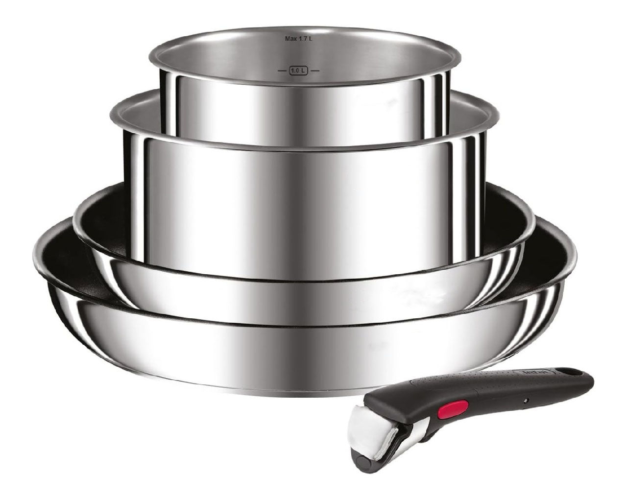 Lot Ingenio 2 Poeles 2 Casseroles et Poignee amovible Induction Acier inoxydable Empilable Revetement antiadhesif Compatible lavevaisselle Garantie 5 ans Emotion L897S504