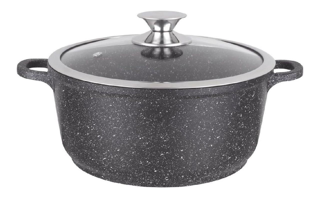 Faitout Marmite Kamberg 28 cm Fonte d'Aluminium Revetement Type Pierre Couvercle en Verre Tous Feux dont Induction Sans PFOA 0008033 Noir