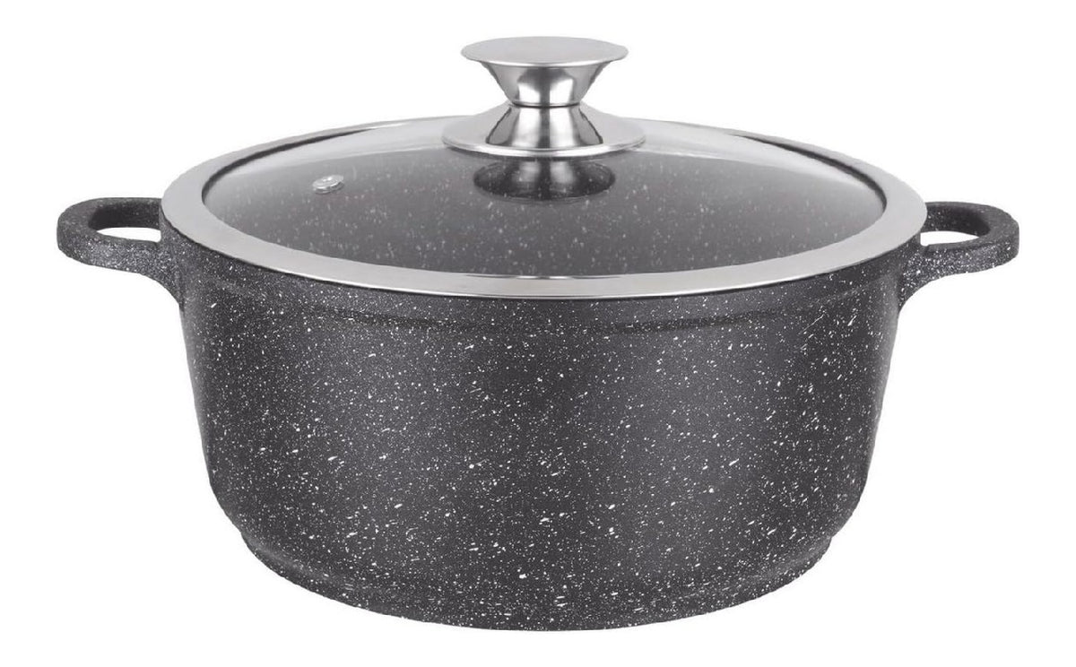 Faitout Marmite Kamberg 28 cm Fonte d'Aluminium Revetement Type Pierre Couvercle en Verre Tous Feux dont Induction Sans 0008033 Noir