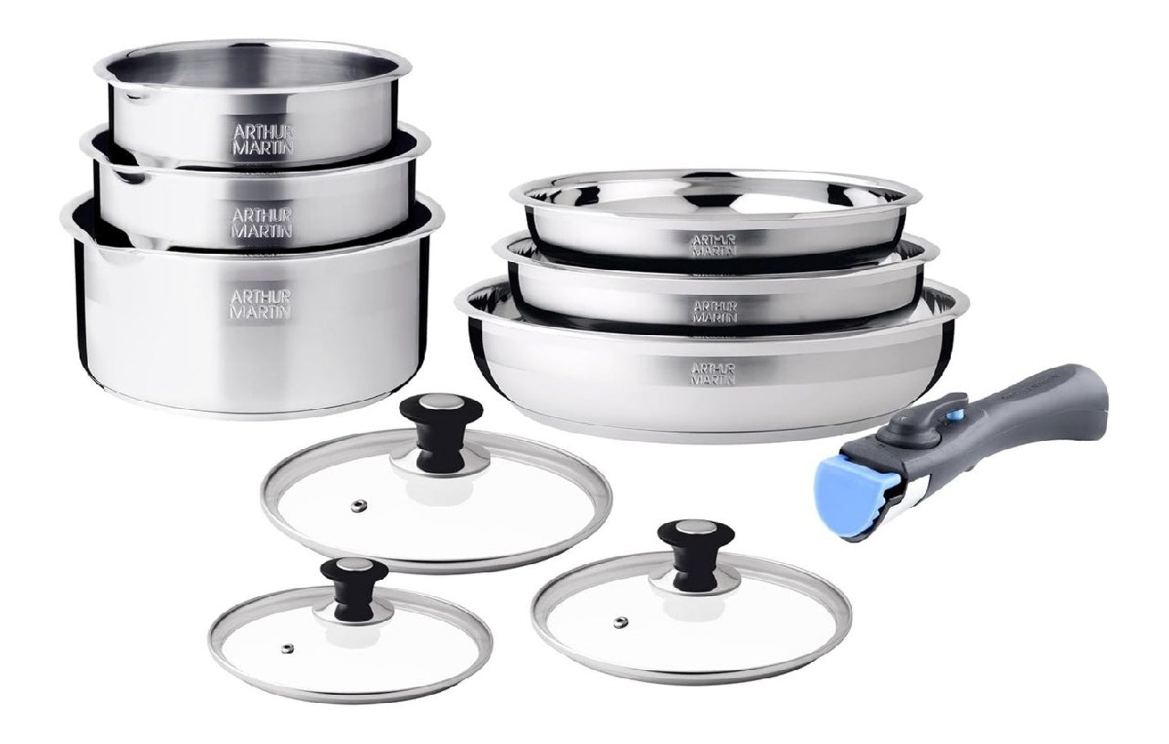 Batterie Martin Arthur de Cuisine 10 Pieces Inox Poignee Amovible acier inoxydable satine poignee amovible interieur gradue sans revetement tous feux dont induction