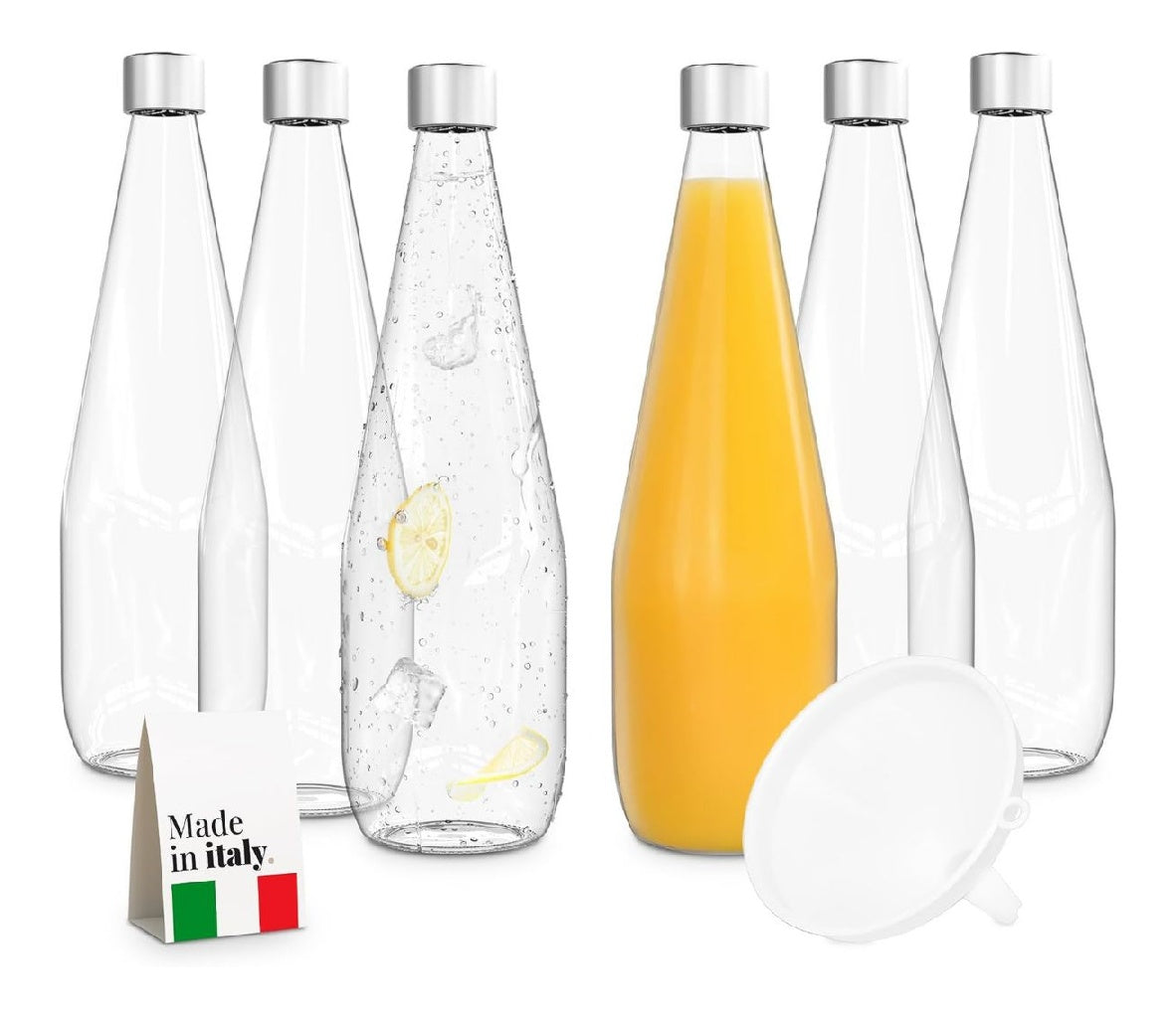 Lot du TUNDRA 6 Bouteille Verre 75cl avec 6 Bouchons a Vis et 1 Entonnoir Ligne CONIC Bouteilles en Verre MADE IN ITALY Resistantes et Lavables au LaveVaisselle Pour l'Eau la Limonade